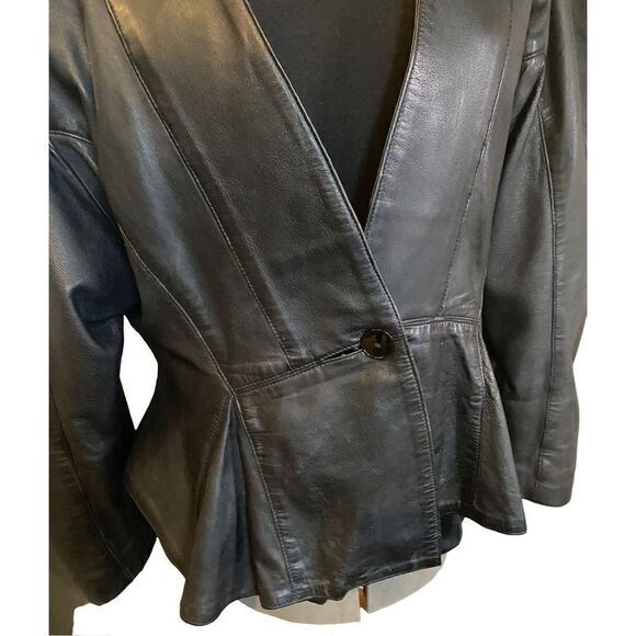 AVANT GARDE 80S BLACK LEATHER POWER SHOULDER PEPLUM JACKET LARGE - Picture 2 of 12
